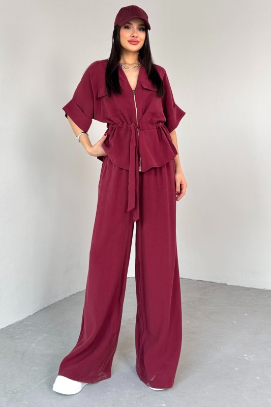 TKM-03704 Bordo Fermuarlı Cep Detaylı Ceket Salaş Pantolon İkili Takım - 4