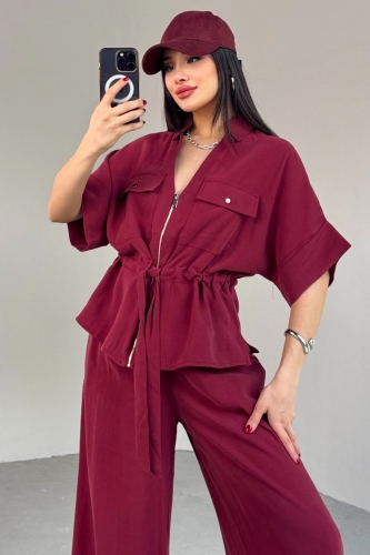 TKM-03704 Bordo Fermuarlı Cep Detaylı Ceket Salaş Pantolon İkili Takım - 6