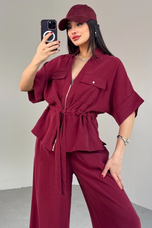 TKM-03704 Bordo Fermuarlı Cep Detaylı Ceket Salaş Pantolon İkili Takım - 6