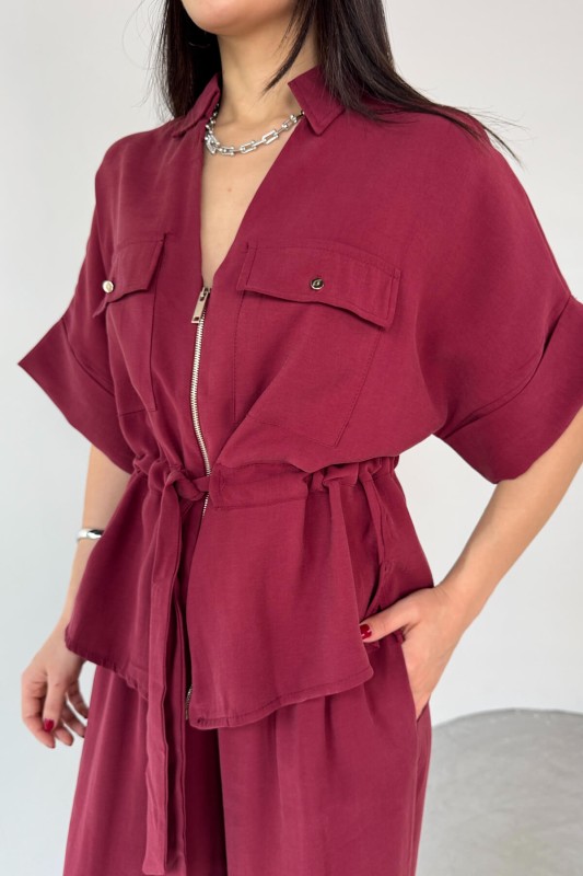 TKM-03704 Bordo Fermuarlı Cep Detaylı Ceket Salaş Pantolon İkili Takım - 8