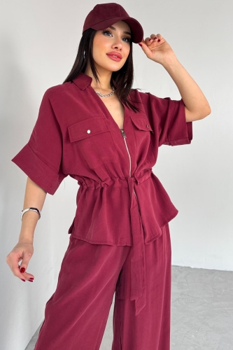 TKM-03704 Bordo Fermuarlı Cep Detaylı Ceket Salaş Pantolon İkili Takım - 9