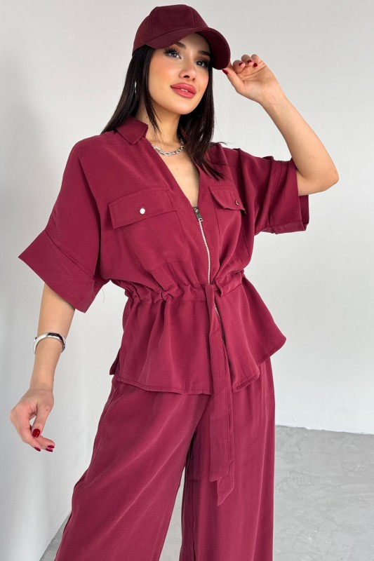 TKM-03704 Bordo Fermuarlı Cep Detaylı Ceket Salaş Pantolon İkili Takım - 9