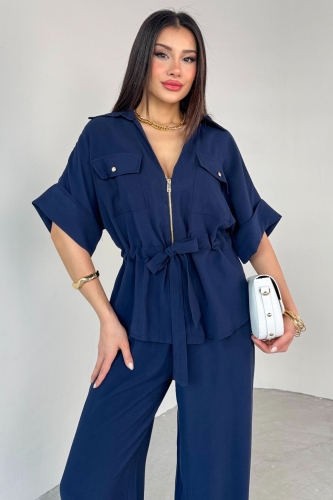 Cappmoda - TKM-03704 Lacivert Fermuarlı Cep Detaylı Ceket Salaş Pantolon İkili Takım (1)