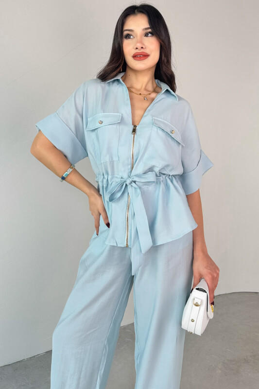 TKM-03704 Bebe Mavi Fermuarlı Cep Detaylı Ceket Salaş Pantolon İkili Takım - 6