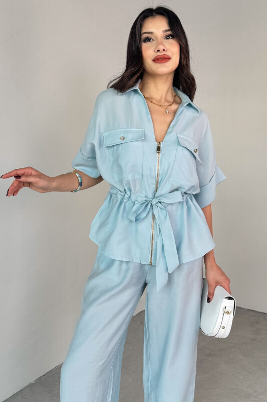 TKM-03704 Bebe Mavi Fermuarlı Cep Detaylı Ceket Salaş Pantolon İkili Takım - 2