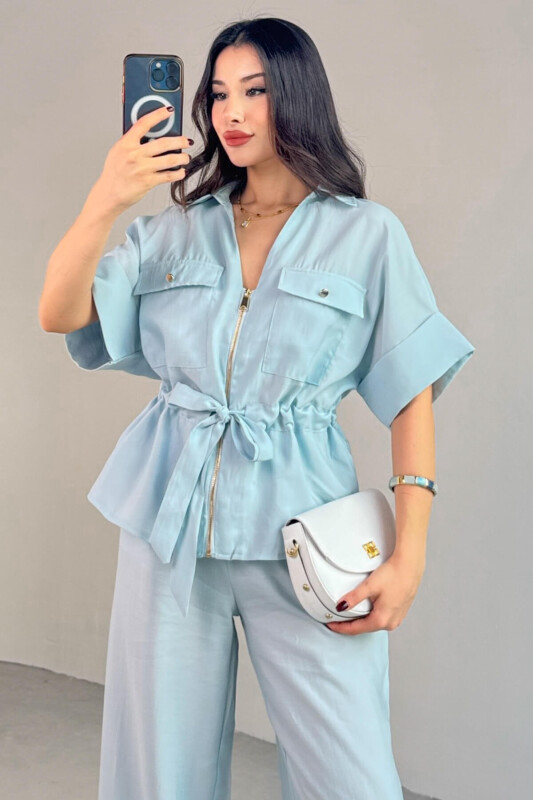 TKM-03704 Bebe Mavi Fermuarlı Cep Detaylı Ceket Salaş Pantolon İkili Takım - 9