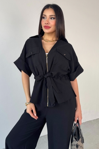 Cappmoda - TKM-03704 Siyah Fermuarlı Cep Detaylı Ceket Salaş Pantolon İkili Takım (1)