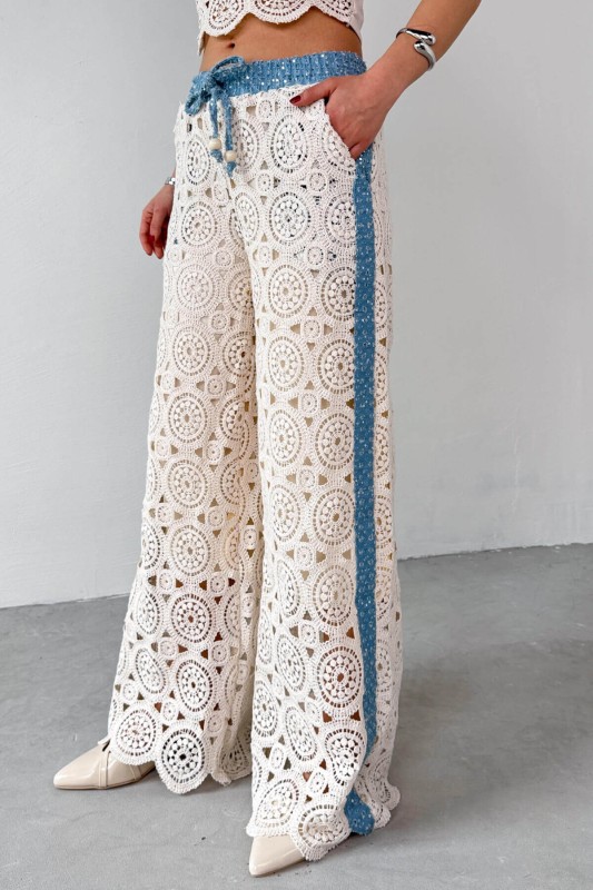 TKM-03705 Mavi Dantel Detaylı Kot Ceket Bluz Pantolon Üçlü Takım