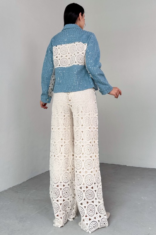 TKM-03705 Mavi Dantel Detaylı Kot Ceket Bluz Pantolon Üçlü Takım