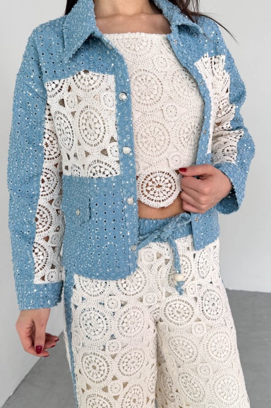 TKM-03705 Mavi Dantel Detaylı Kot Ceket Bluz Pantolon Üçlü Takım