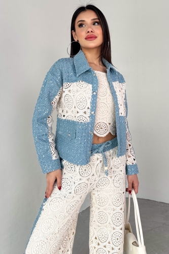Cappmoda - TKM-03705 Mavi Dantel Detaylı Kot Ceket Bluz Pantolon Üçlü Takım (1)