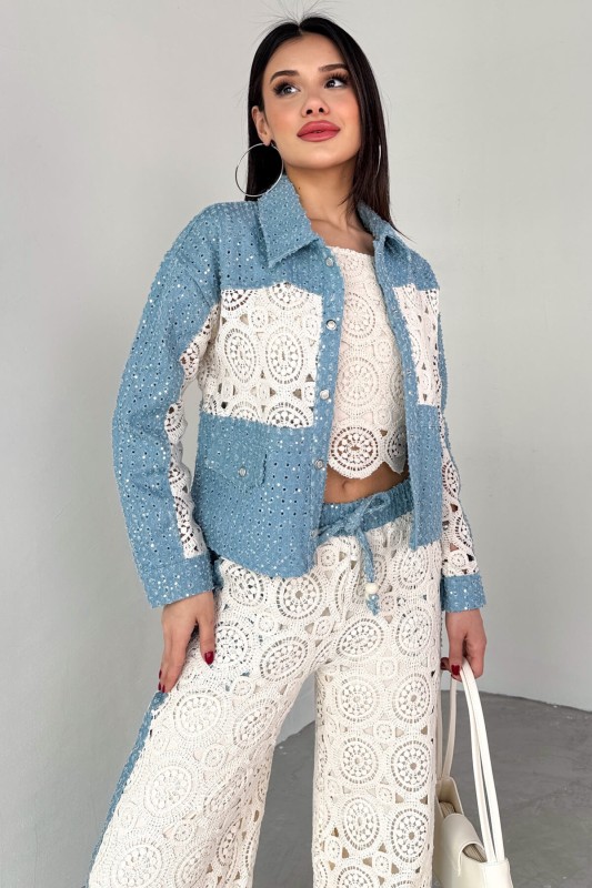 TKM-03705 Mavi Dantel Detaylı Kot Ceket Bluz Pantolon Üçlü Takım