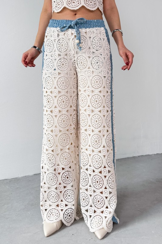 TKM-03705 Mavi Dantel Detaylı Kot Ceket Bluz Pantolon Üçlü Takım