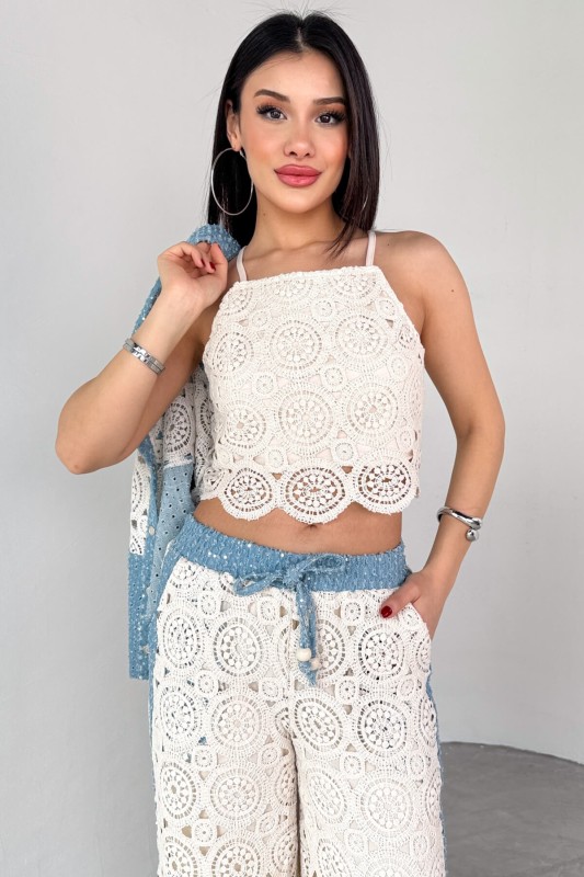 TKM-03705 Mavi Dantel Detaylı Kot Ceket Bluz Pantolon Üçlü Takım