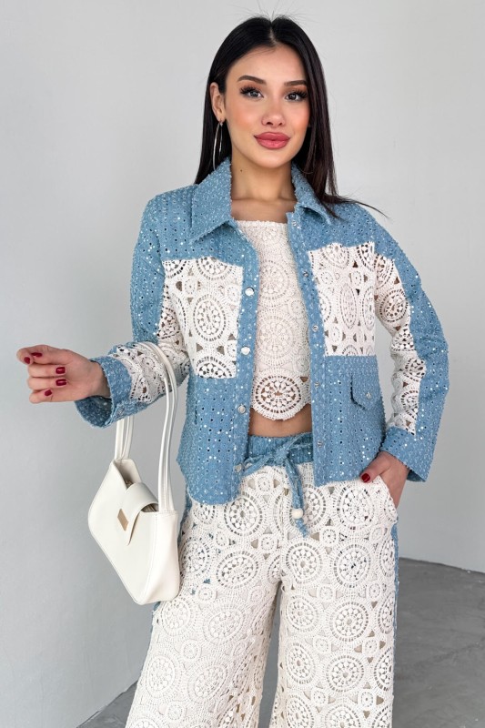 TKM-03705 Mavi Dantel Detaylı Kot Ceket Bluz Pantolon Üçlü Takım