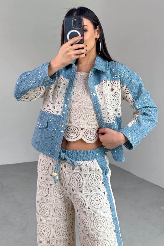 TKM-03705 Mavi Dantel Detaylı Kot Ceket Bluz Pantolon Üçlü Takım