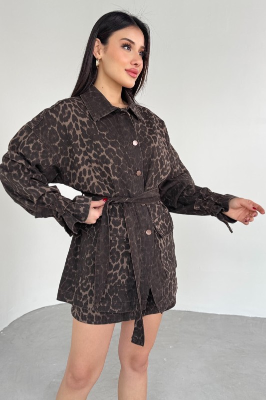 TKM-03706 Leopar Desenli Kot Ceket Cepli Mini Etek İkili Takım