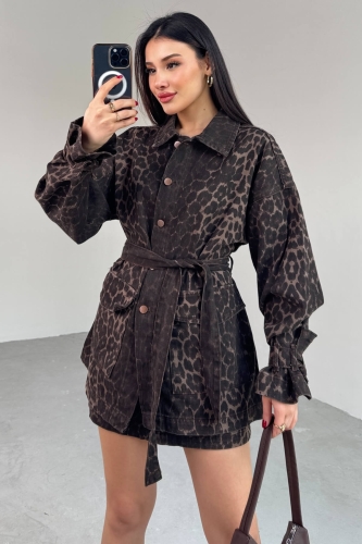 Cappmoda - TKM-03706 Leopar Desenli Kot Ceket Cepli Mini Etek İkili Takım (1)