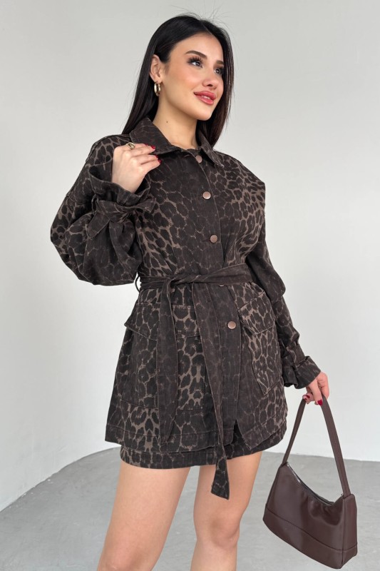 TKM-03706 Leopar Desenli Kot Ceket Cepli Mini Etek İkili Takım