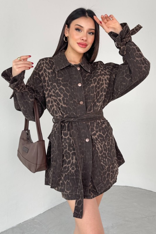 TKM-03706 Leopar Desenli Kot Ceket Cepli Mini Etek İkili Takım