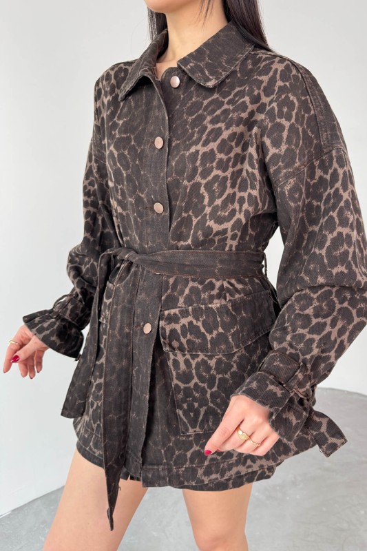 TKM-03706 Leopar Desenli Kot Ceket Cepli Mini Etek İkili Takım