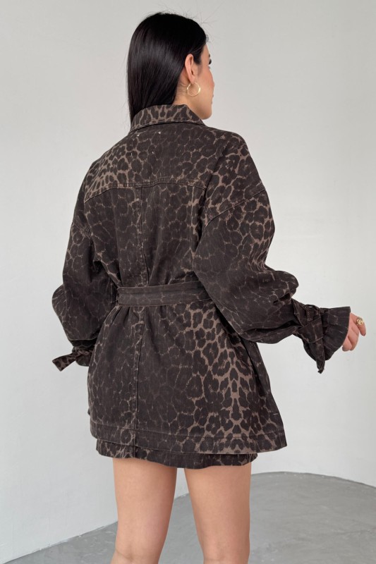 TKM-03706 Leopar Desenli Kot Ceket Cepli Mini Etek İkili Takım