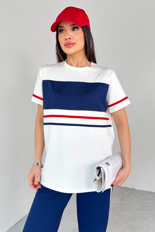 TKM-03707 Beyaz Şeritli Tişört Lacivert Pantolon İkili Takım