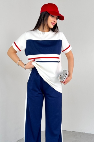 Cappmoda - TKM-03707 Beyaz Şeritli Tişört Lacivert Pantolon İkili Takım (1)