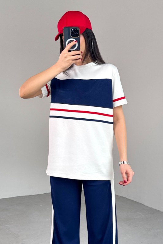TKM-03707 Beyaz Şeritli Tişört Lacivert Pantolon İkili Takım