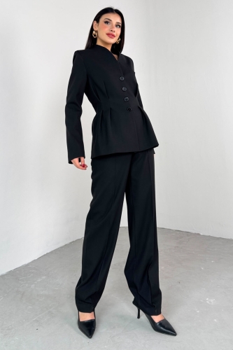 Cappmoda - TKM-03708 Siyah Pensli Düğmeli Ceket Pantolon Casual Takım (1)