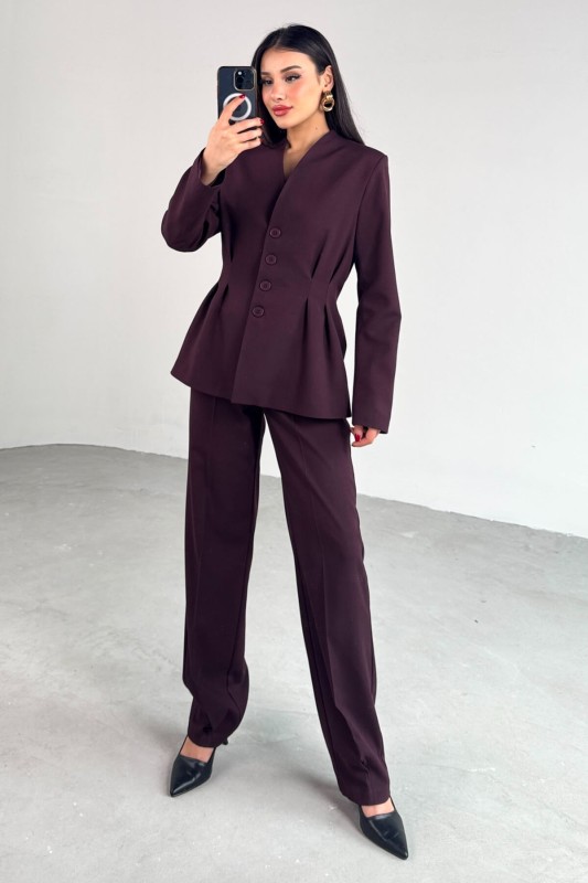 TKM-03708 Mürdüm Pensli Düğmeli Ceket Pantolon Casual Takım