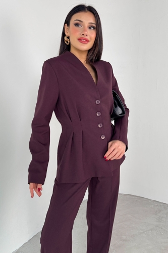 Cappmoda - TKM-03708 Mürdüm Pensli Düğmeli Ceket Pantolon Casual Takım (1)