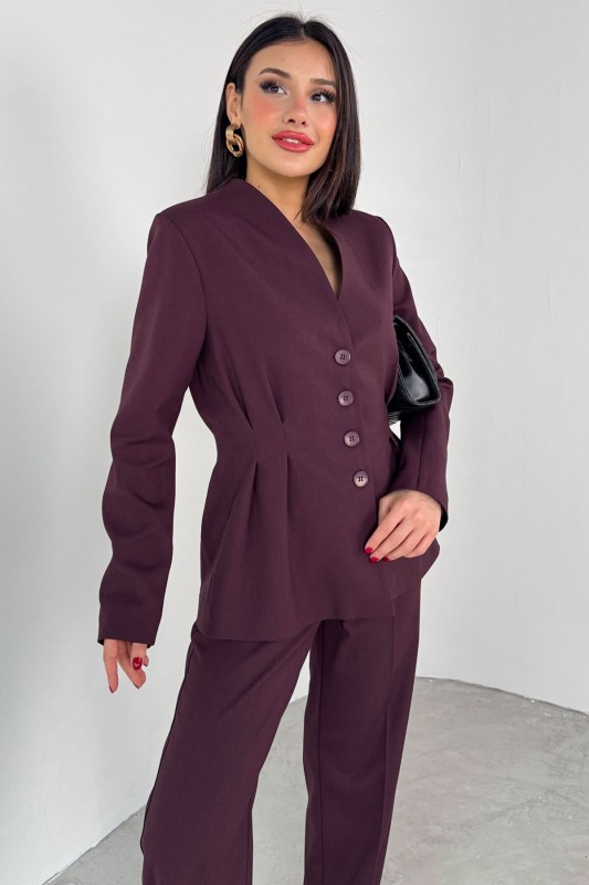 TKM-03708 Mürdüm Pensli Düğmeli Ceket Pantolon Casual Takım