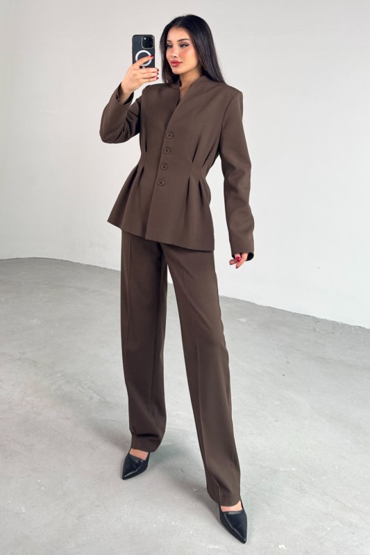 TKM-03708 Kahverengi Pensli Düğmeli Ceket Pantolon Casual Takım