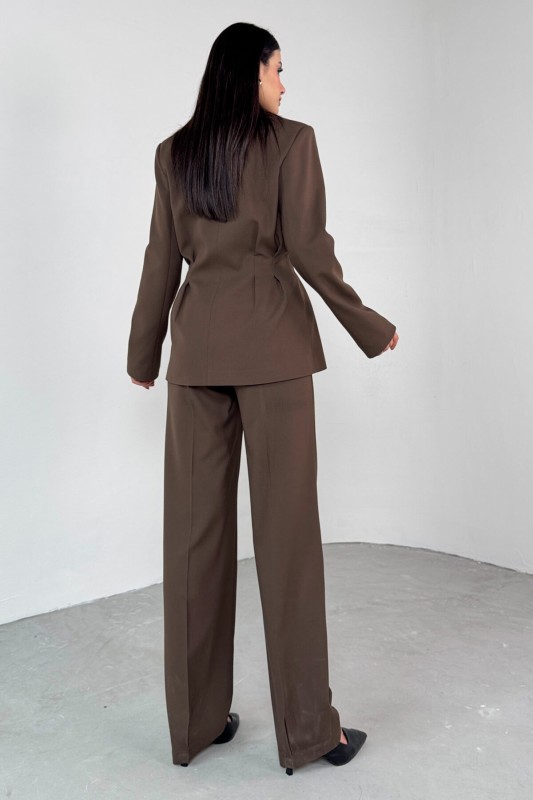 TKM-03708 Kahverengi Pensli Düğmeli Ceket Pantolon Casual Takım