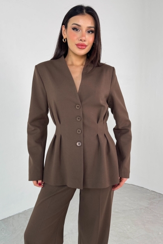 Cappmoda - TKM-03708 Kahverengi Pensli Düğmeli Ceket Pantolon Casual Takım (1)