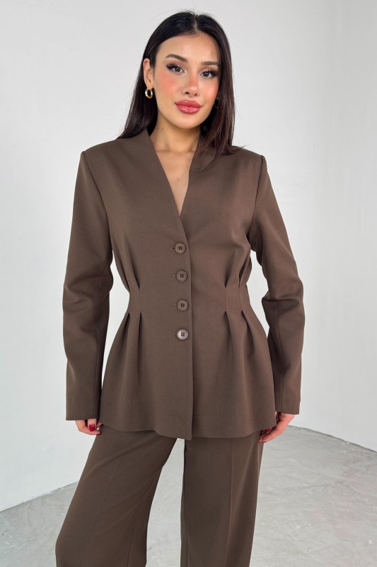 TKM-03708 Kahverengi Pensli Düğmeli Ceket Pantolon Casual Takım