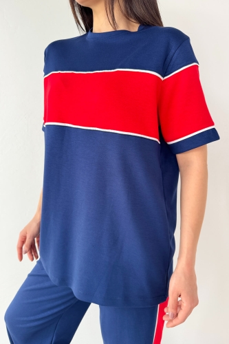 Cappmoda - TKM-03709 Lacivert Garnili Tişört Şeritli Pantolon Modal Kumaş İkili Takım (1)
