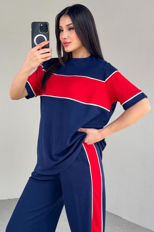 TKM-03709 Lacivert Garnili Tişört Şeritli Pantolon Modal Kumaş İkili Takım