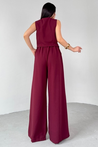 TKM-03710 Bordo İp Bağlamalı Yelek Bel Lastikli Salaş Pantolon İkili Takım - 4
