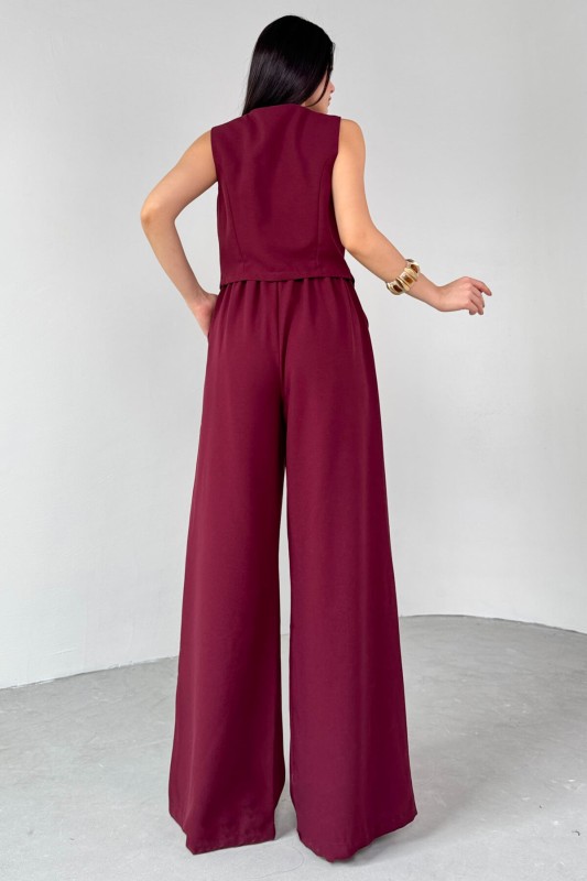 TKM-03710 Bordo İp Bağlamalı Yelek Bel Lastikli Salaş Pantolon İkili Takım - 4