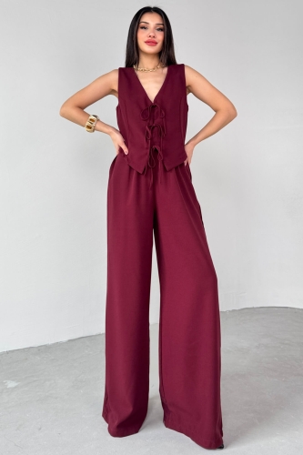 TKM-03710 Bordo İp Bağlamalı Yelek Bel Lastikli Salaş Pantolon İkili Takım - 3
