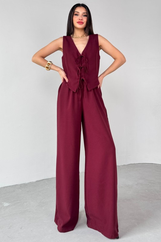 TKM-03710 Bordo İp Bağlamalı Yelek Bel Lastikli Salaş Pantolon İkili Takım - 3