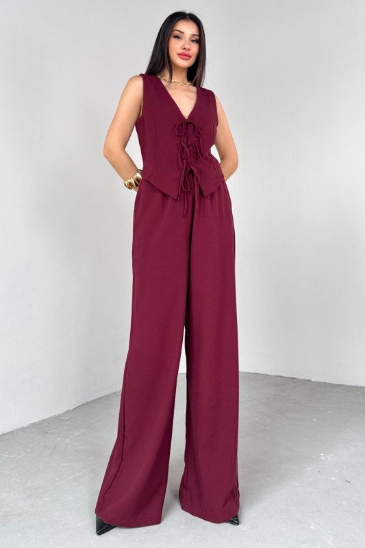 TKM-03710 Bordo İp Bağlamalı Yelek Bel Lastikli Salaş Pantolon İkili Takım - 5