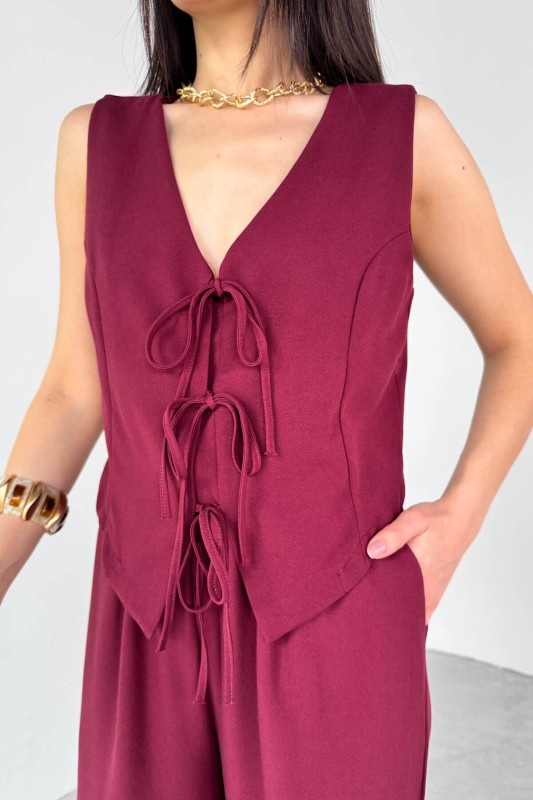 TKM-03710 Bordo İp Bağlamalı Yelek Bel Lastikli Salaş Pantolon İkili Takım - 6