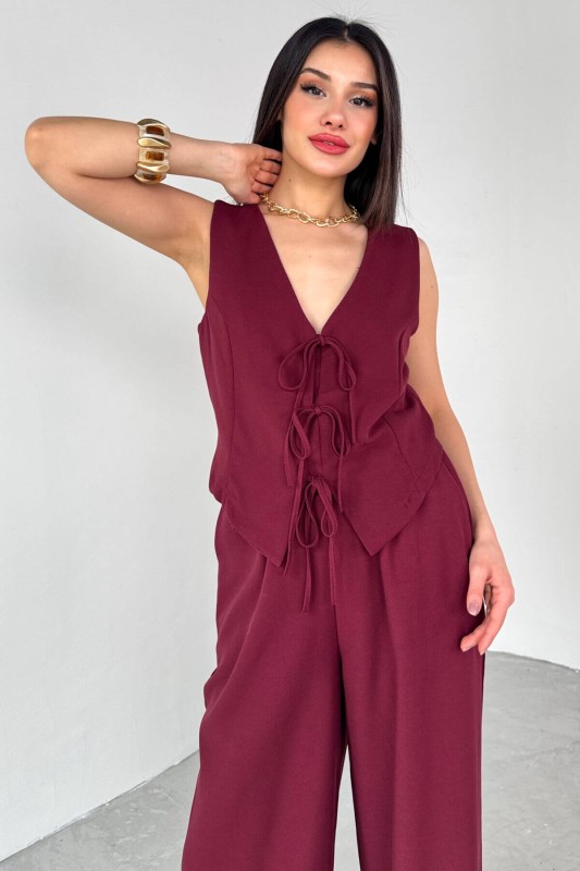 TKM-03710 Bordo İp Bağlamalı Yelek Bel Lastikli Salaş Pantolon İkili Takım - 2