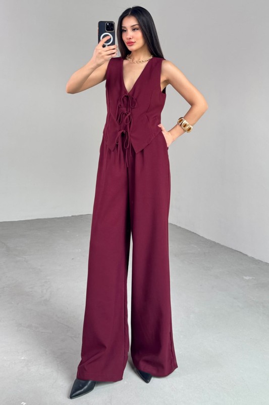 TKM-03710 Bordo İp Bağlamalı Yelek Bel Lastikli Salaş Pantolon İkili Takım - 1