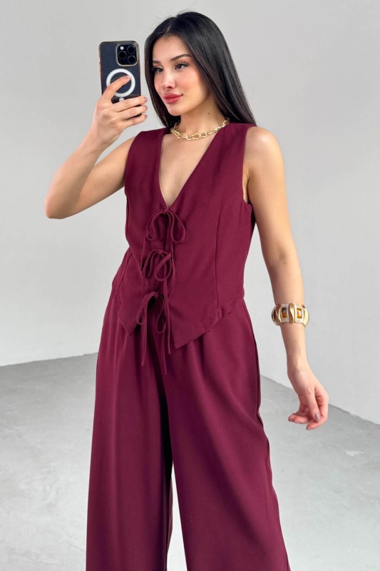 TKM-03710 Bordo İp Bağlamalı Yelek Bel Lastikli Salaş Pantolon İkili Takım - 7