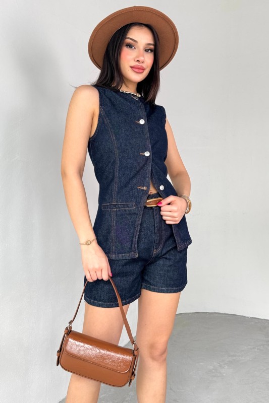 TKM-0432 Lacivert Denim Düğmeli Yelek Boyfriend Şort İkili Takım - 1