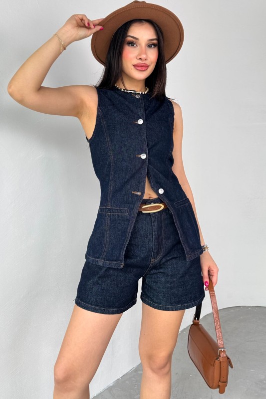 TKM-0432 Lacivert Denim Düğmeli Yelek Boyfriend Şort İkili Takım - 4